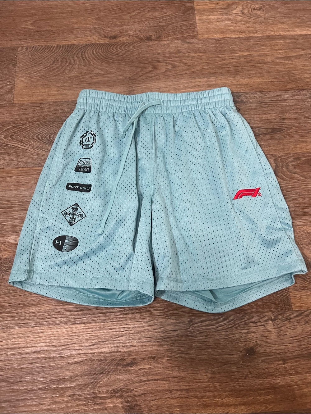 Light Blue Mesh Athletic Shorts with Red F1 Accent/A794